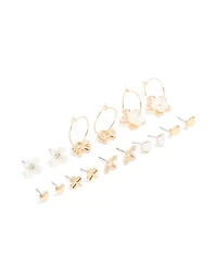 Gold White Pearlised Flower & Bee Earrings 8-Pack