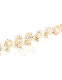 Gold Diamante Pearl Floral Clip On Earrings 4-Pack
