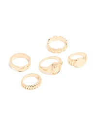 Gold Ribbed Signet & Chunky Rings 5-Pack