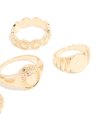 Gold Ribbed Signet & Chunky Rings 5-Pack