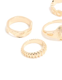 Gold Ribbed Signet & Chunky Rings 5-Pack