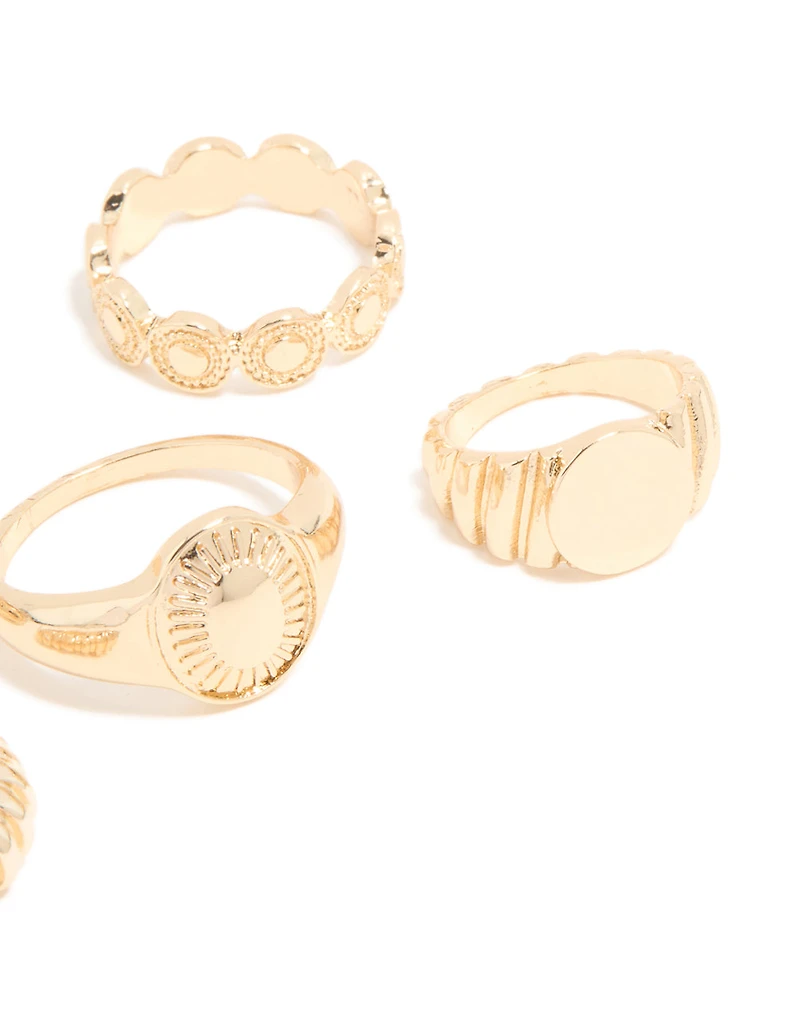 Gold Ribbed Signet & Chunky Rings 5-Pack