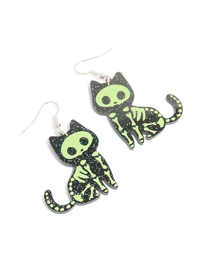 Acrylic Glitter Skeleton Cat Drop Earrings
