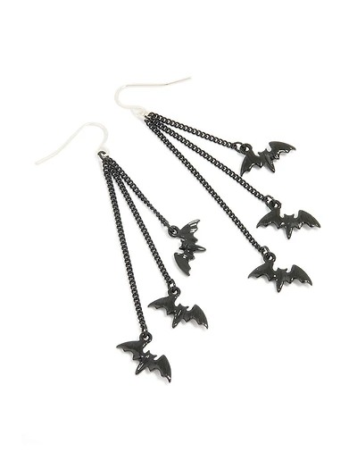 Silver Black Chain Bat Drop Earrings