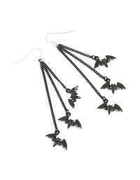 Silver Black Chain Bat Drop Earrings