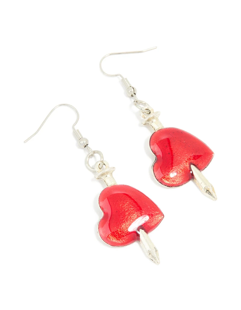 Silver Sword Red Heart Drop Earrings