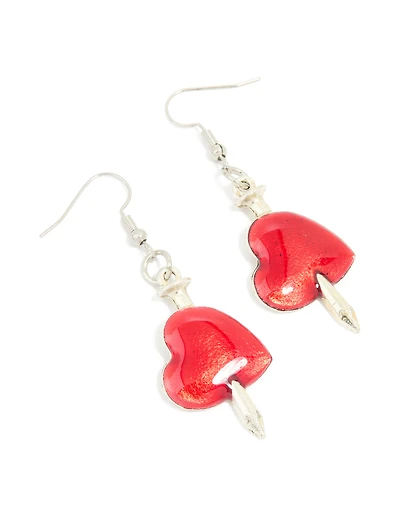 Silver Sword Red Heart Drop Earrings