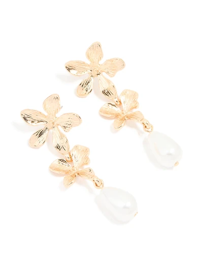 Gold Pearl Double Flower Drop Earrings