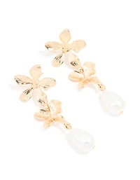 Gold Pearl Double Flower Drop Earrings