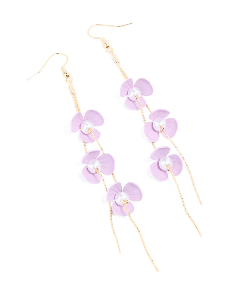 Boucles d’oreilles pendantes en chaîne de fleurs violettes à l’envers en or