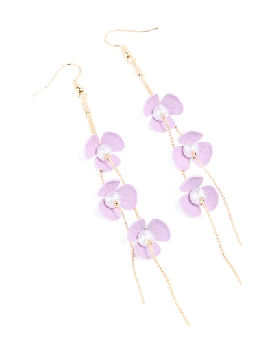 Boucles d’oreilles pendantes en chaîne de fleurs violettes à l’envers en or