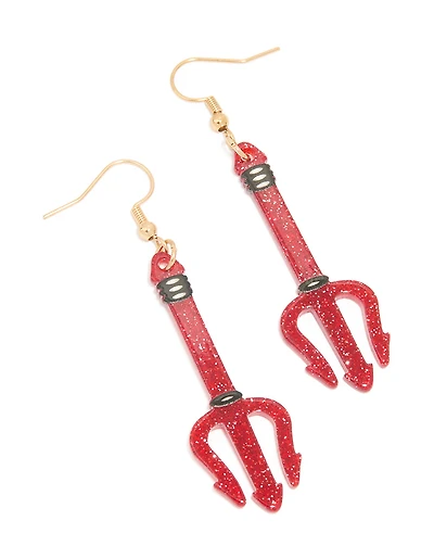 Gold Red Acrylic Pitchfork Drop Earrings