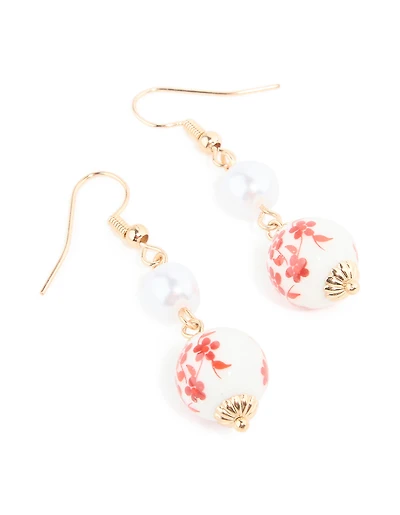 Boucles d’oreilles pendantes peintes en porcelaine dorée rouge perle et blanc