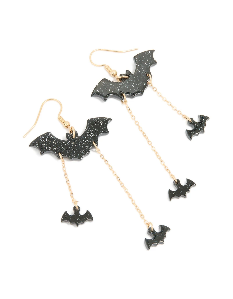 Gold Black Bat Chain Drop Earrings