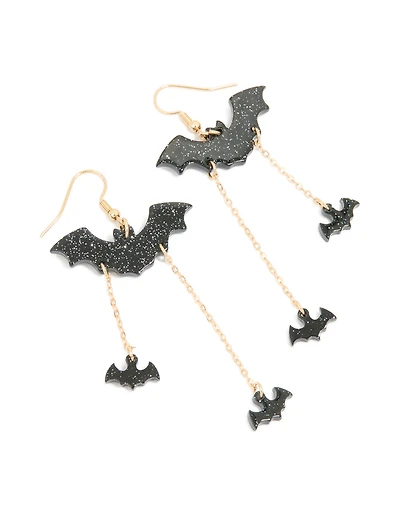 Gold Black Bat Chain Drop Earrings