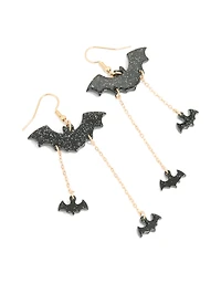 Gold Black Bat Chain Drop Earrings