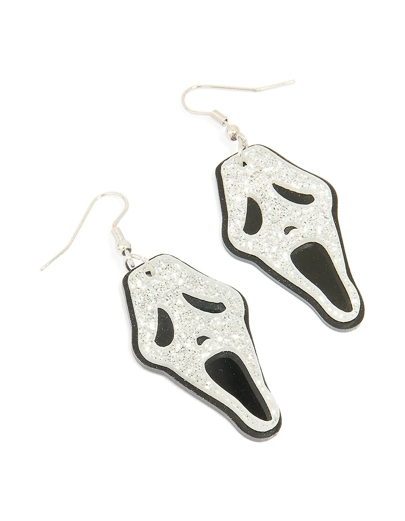 Black & White Acrylic Glitter Ghost Face Drop Earrings