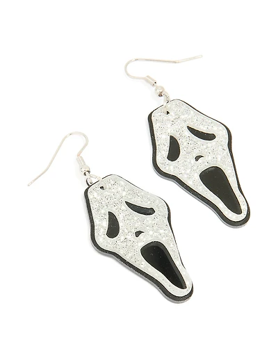 Black & White Acrylic Glitter Ghost Face Drop Earrings