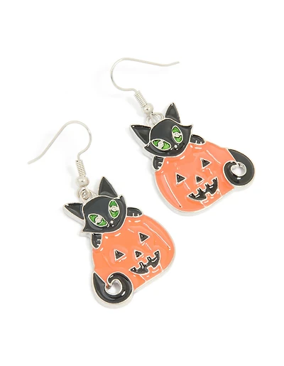 Silver Black Cat & Pumpkin Drop Earrings