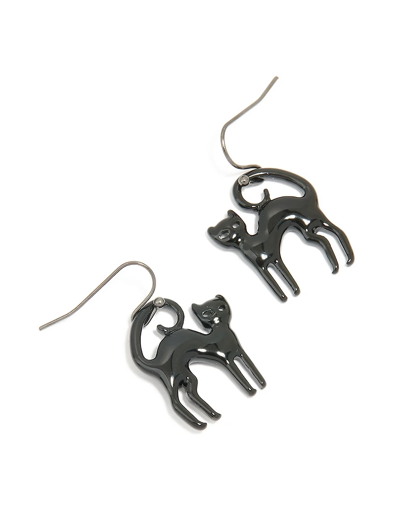 Black Coated Metal Cat Drop Earrings