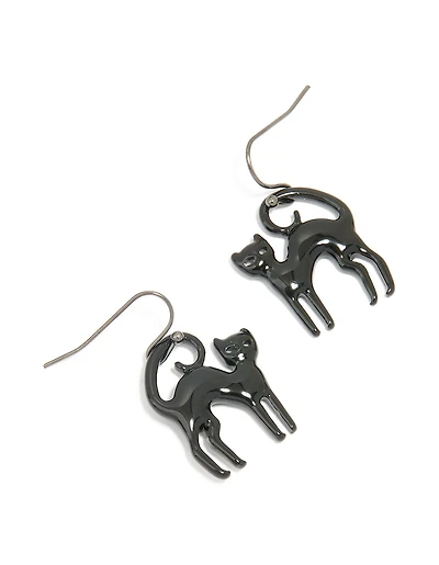 Black Coated Metal Cat Drop Earrings