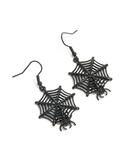 Black Coated Metal Spiderweb & Spider Drop Earrings