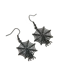 Black Coated Metal Spiderweb & Spider Drop Earrings