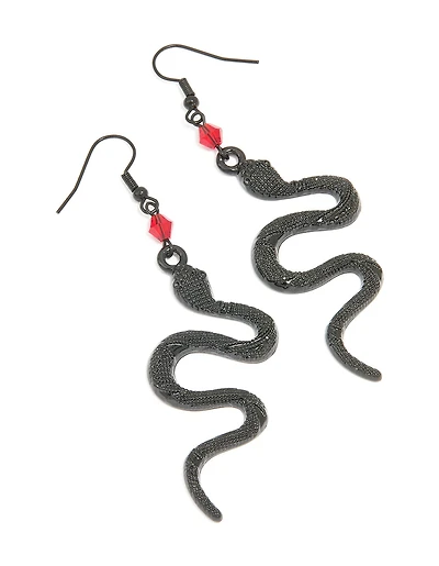 Black Coated Metal Snake & Red Beaded Drop Earrings