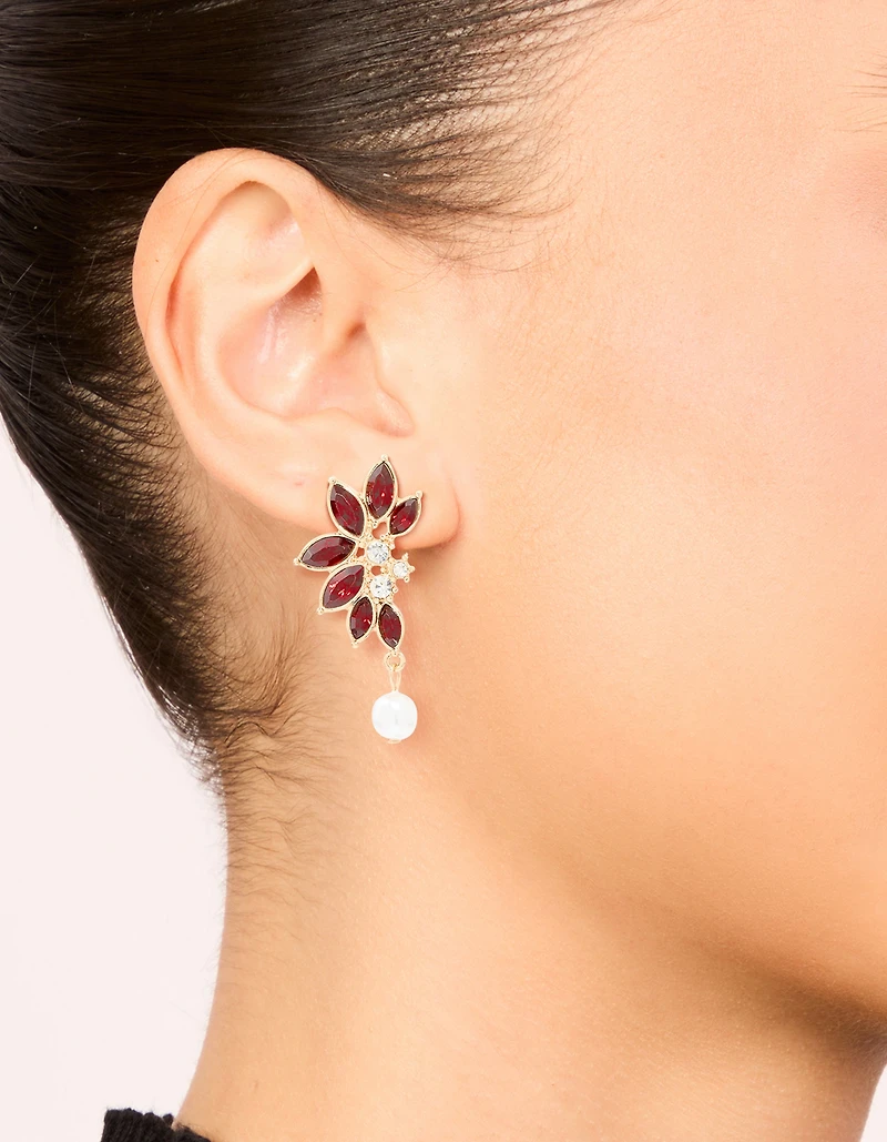 Gold Red Diamante Pearl Marquise Stud Earrings