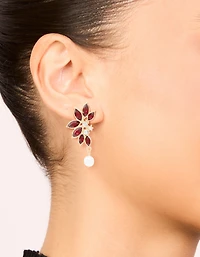 Gold Red Diamante Pearl Marquise Stud Earrings