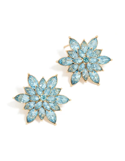 Gold Blue Diamante Marquise Flower Stud Earrings