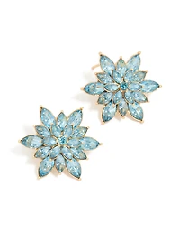 Gold Blue Diamante Marquise Flower Stud Earrings