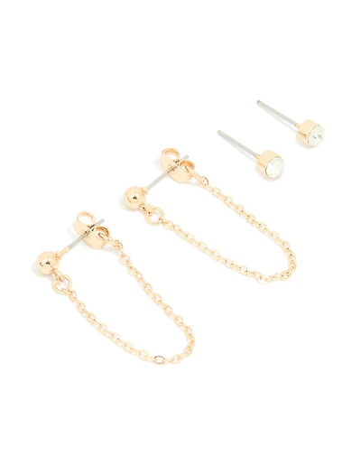 Pack de 2 boucles d’oreilles Chain Diamante Gold Drop & Stud