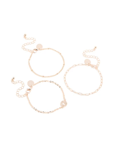 Rose Gold Diamante Circle & Chain Bracelets 3-Pack