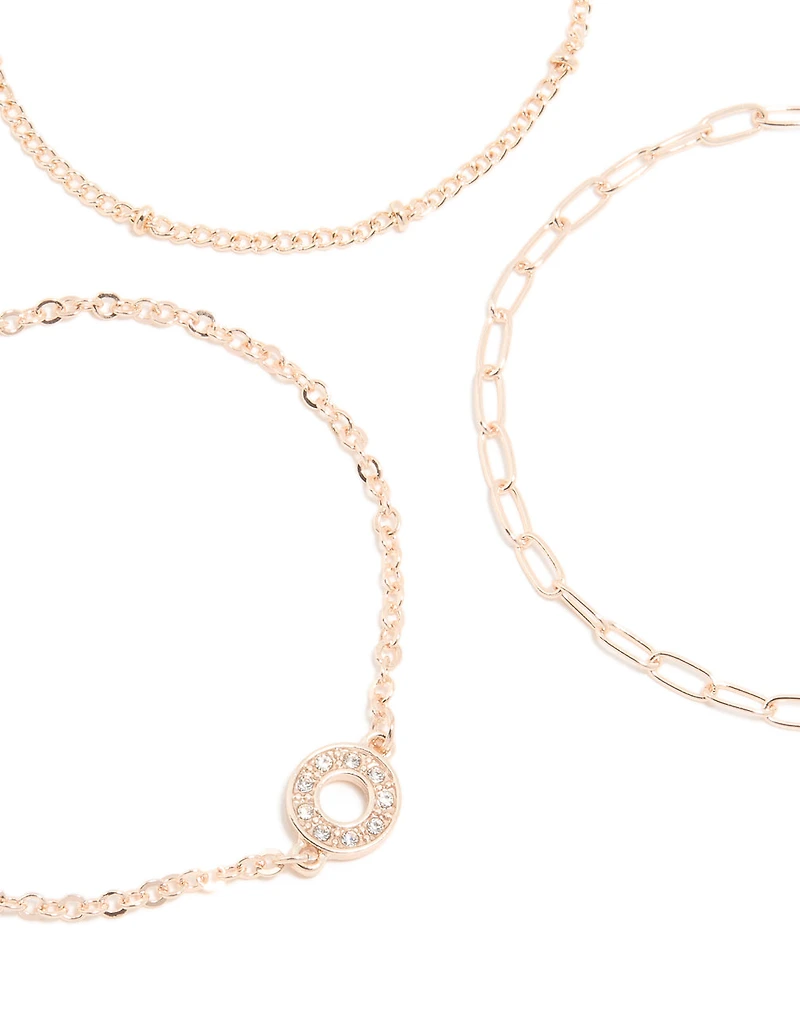 Rose Gold Diamante Circle & Chain Bracelets 3-Pack