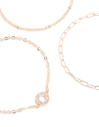 Rose Gold Diamante Circle & Chain Bracelets 3-Pack