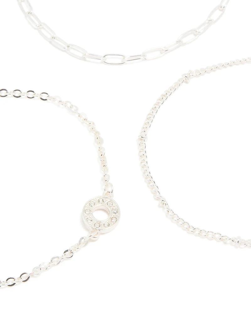 Silver Diamante Circle & Chain Bracelets 3-Pack
