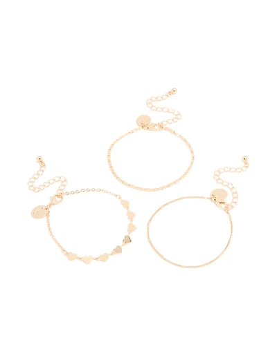 Gold Heart & Station Chain Bracelets 3-Pack