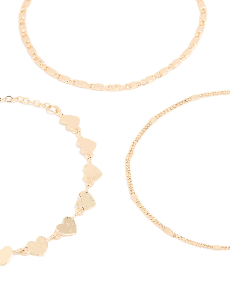 Gold Heart & Station Chain Bracelets 3-Pack
