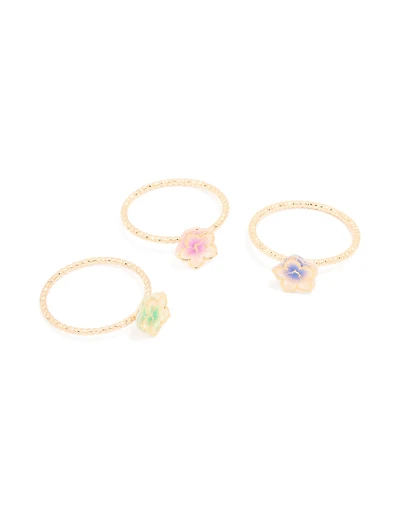 Gold 3D Pastel Flower Fine Rings 3-Pack