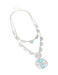 Antique Silver Textured Blue Circle Layered Necklace