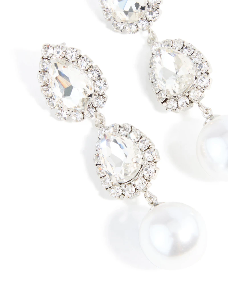 Silver Pearl Diamante Pear Drop Earrings