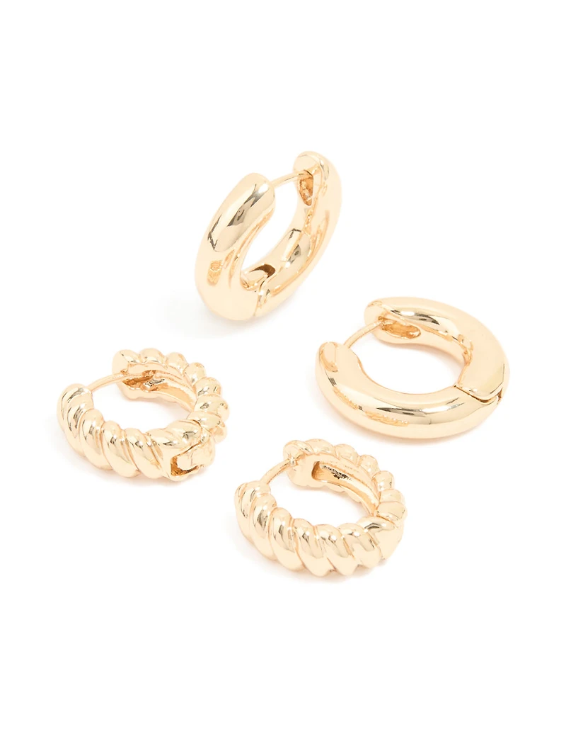 Gold Smooth & Twisted Chunky Huggie Earrings 2-Pack
