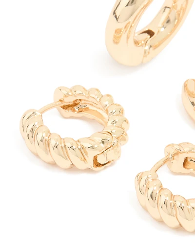 Gold Smooth & Twisted Chunky Huggie Earrings 2-Pack