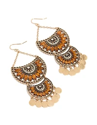 Antique Gold Orange Diamante Statement Coin Drop Earrings