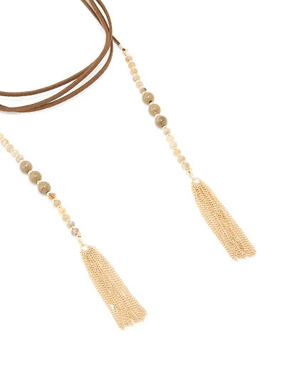 Gold Brown Suede Wrap Tassel Long Necklace