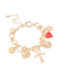 Gold Chunky Cross & Heart Charm Bracelet