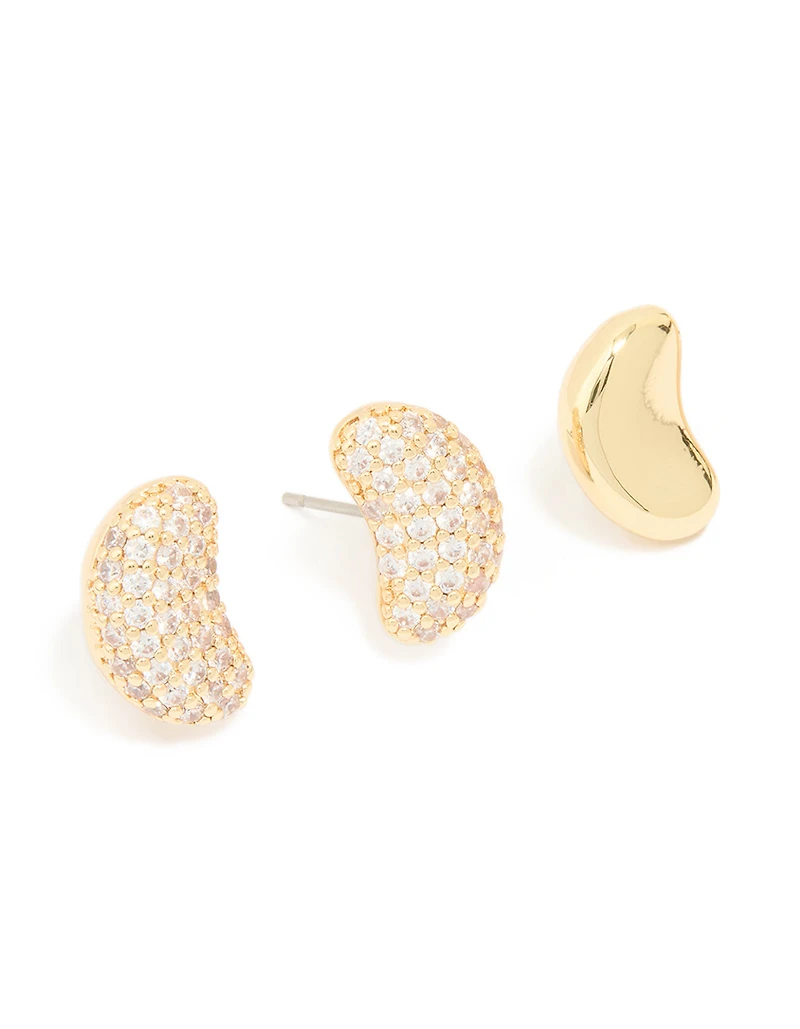 Gold Plated Mini Pebble & Cubic Zirconia Earrings 2-Pack