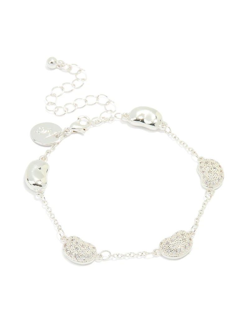 Silver Plated Brass  Cubic Zirconia Pebble Charm Bracelet