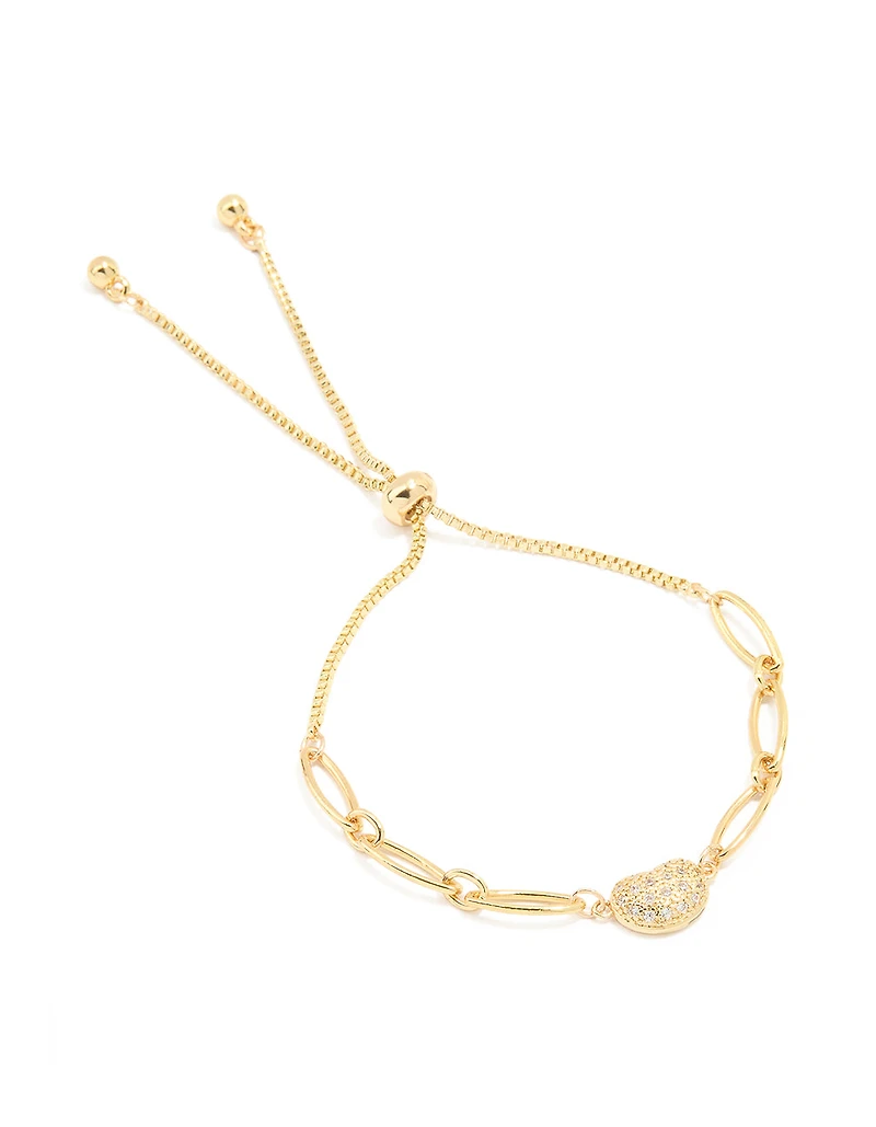 Gold Plated Brass Cubic Zirconia Pebble Chain Link Toggle Bracelet